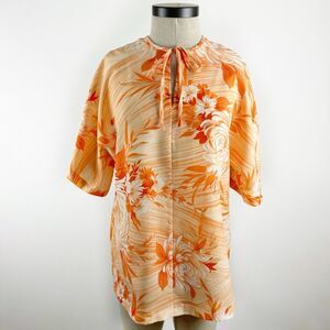 Vintage Pomare Hawaiian Blouse Size Medium Orange Tropical Floral Tunic Top 60s